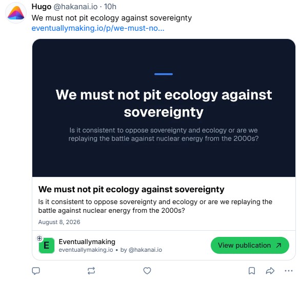 A Writizzy article shown on Bluesky as a full card with its cover, title, description, publication name and a View publication button