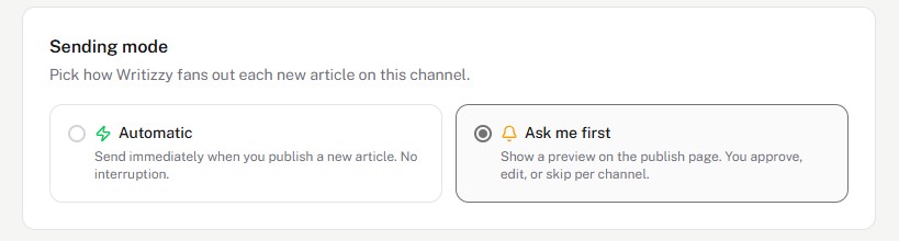 Sending mode options: Automatic or Ask me first