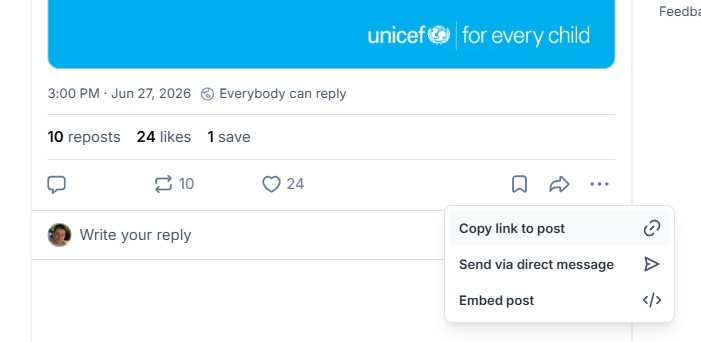 Bluesky post menu with the Copy link to post option