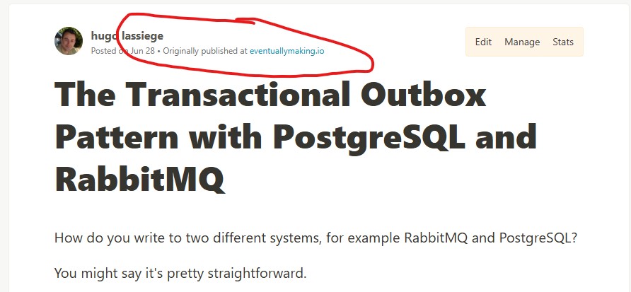 A DEV post showing "Originally published at" the author's own domain