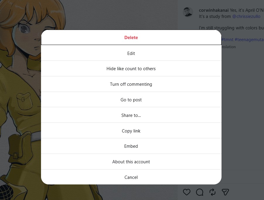 Instagram post menu with the Copy link option