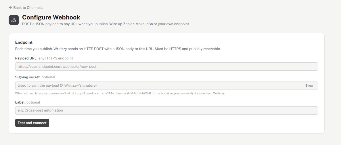 Configure Webhook screen with the Payload URL field