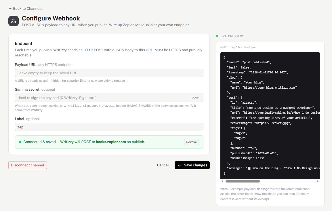 Connected webhook with a live JSON payload preview