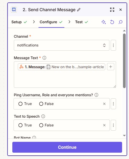 Mapping the Writizzy message field into a Discord action in Zapier