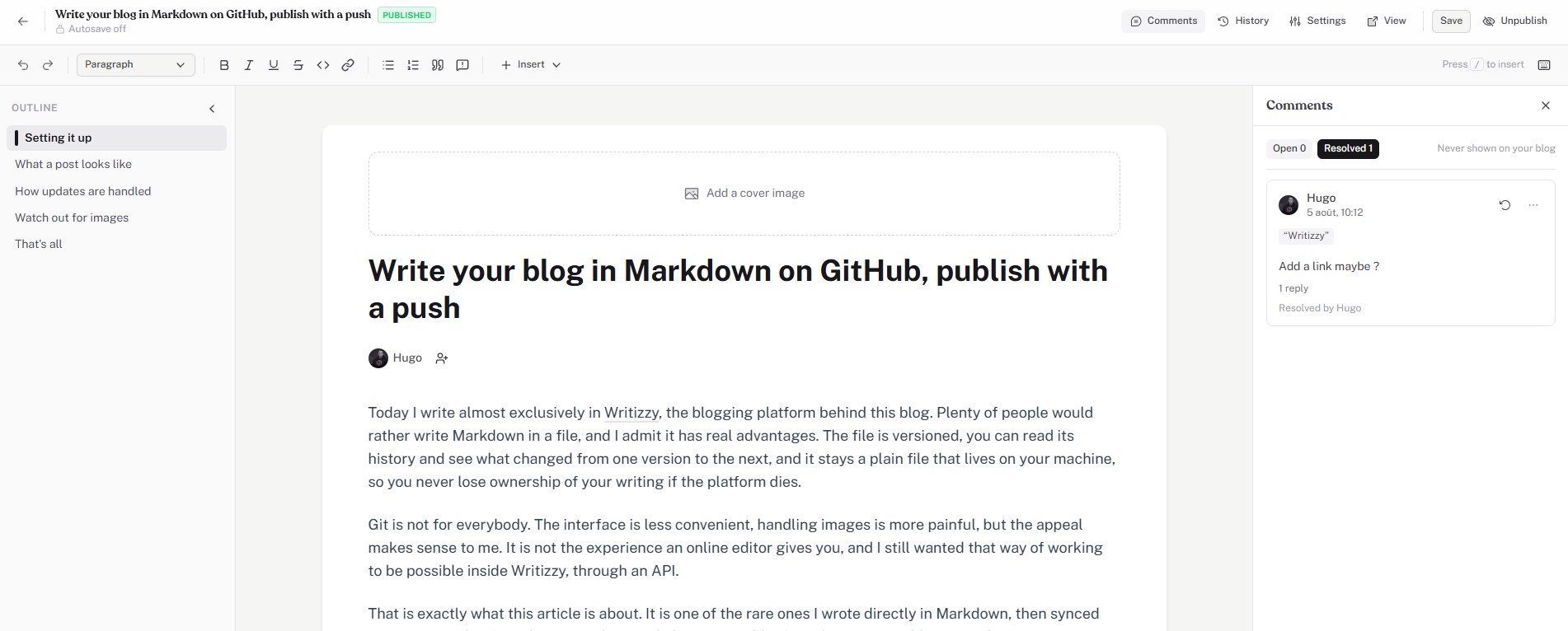 Writing a post in the Writizzy editor, with the outline panel and inline comments