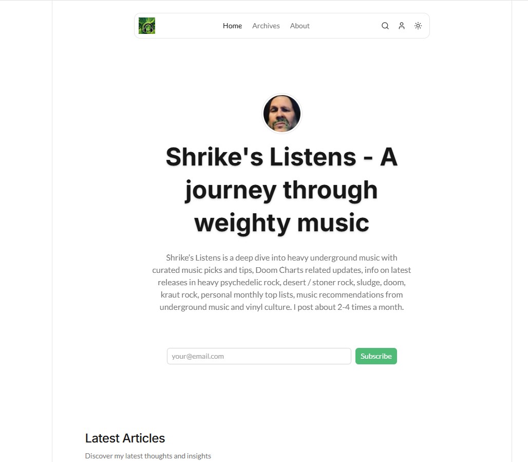 Homepage of Shrike's Listens, a blog published with Writizzy